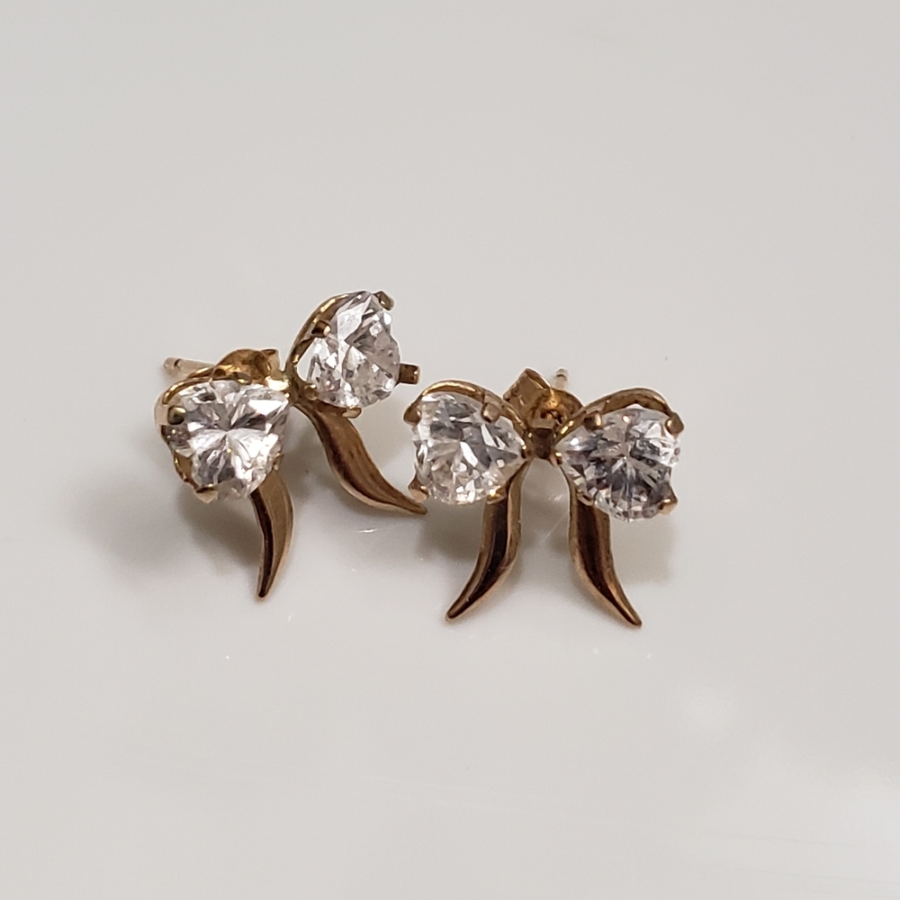 10K yellow gold CZ diamond bow earrings
